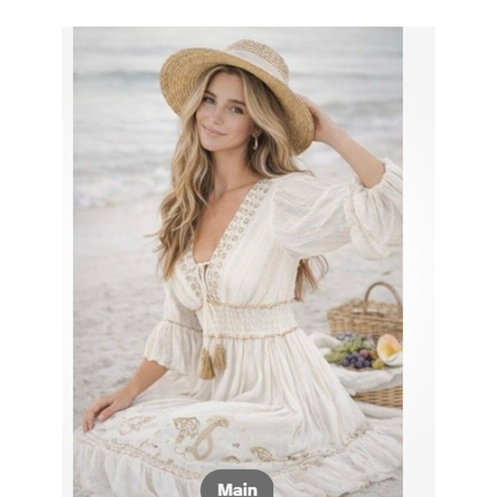 Cream Boho Maxi Dress Gold Embroidery V Neck Smocked Waist Tiered Ruffle-SM/MD